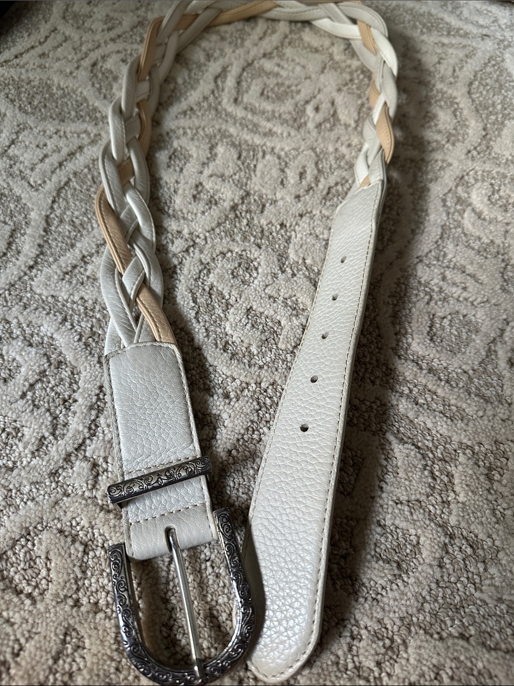 Brighton Braided White and Tan Leather Belt with Decorative Silver Buckle